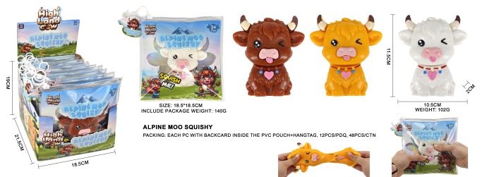 ALPINE MOO Mucca STRETCHY SQUISHY 12cm (In Busta – PVC Pouch 18x18cm) In espo da 12pz 3ass…x12…x48
